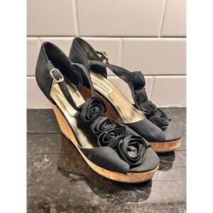 Steve Madden Women's‎ P-Ven Cork Floral Wedge Sandal Shoes Black Size 7